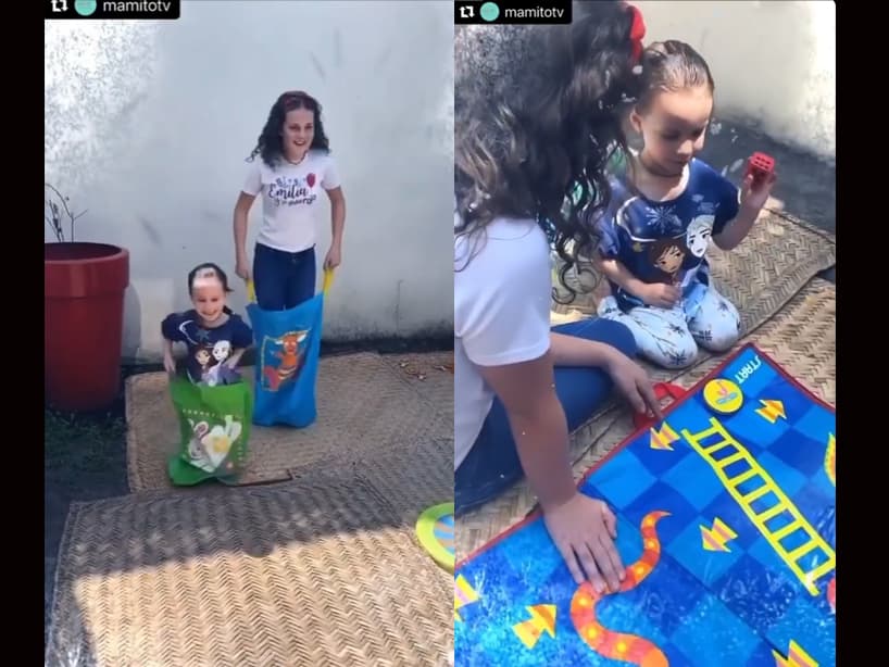 Momentos después, Michelle Vieth mostró algunas de las actividades que realizaron sus hijos en su jardín, como jugar al ‘avión’, brincar en sacos y lanzar dardos, además que se unió a los juegos para una partida de ‘serpientes y escaleras’.