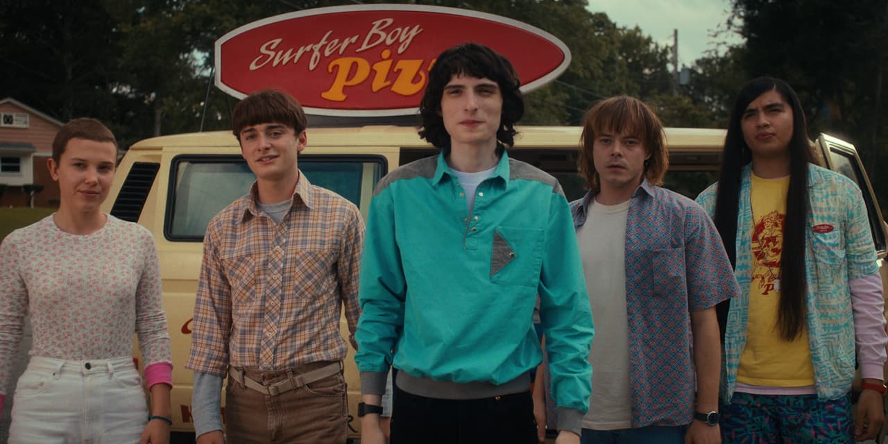 STRANGER THINGS. (L to R) Millie Bobby Brown as Eleven, Noah Schnapp as Will Byers, Finn Wolfhard as Mike Wheeler, Charlie Heaton as Jonathan Byers, and Eduardo Franco as Argyle in STRANGER THINGS. Cr. Courtesy of Netflix © 2022