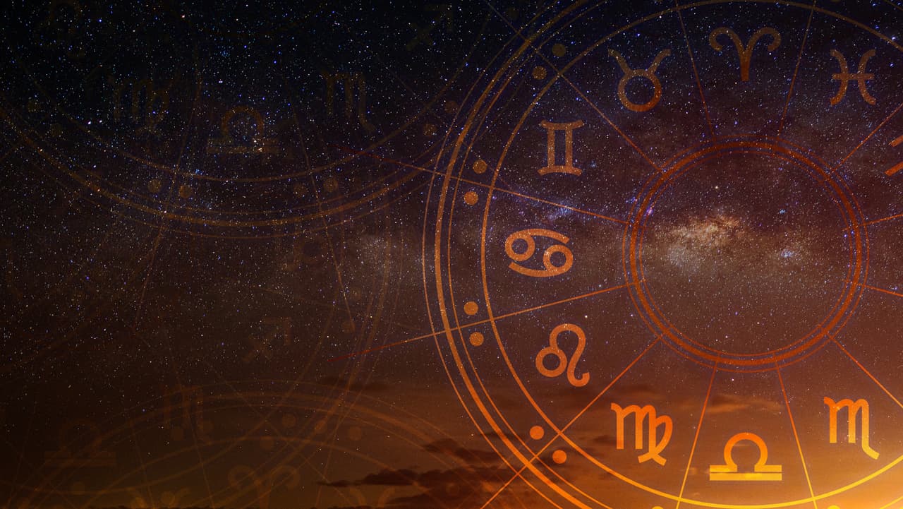 Astrological zodiac signs inside of horoscope circle. Astrology, knowledge of stars in the sky over the milky way and moon. The power of the universe concept.