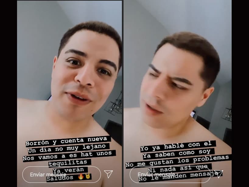 Posteriormente, Eduin explicó que ya había hablado con Nodal y que no existía ningún problema entre ellos, pidiéndole a sus seguidores que dejaran de enviar mensajes de odio contra el intérprete. “Si quiero pedirles un favor, no le manden mensajes ya, no le digan nada por favor. La neta, ustedes saben que no me gustan los problemas, no me gustan las broncas, entonces yo respeto su decisión, él ya habló conmigo y ya todo bien; ya no le manden mensajes y ya no me hagan memes. Un saludo a todos”, expresó.