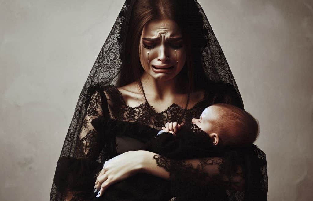 viuda llorando con un bebé en brazos