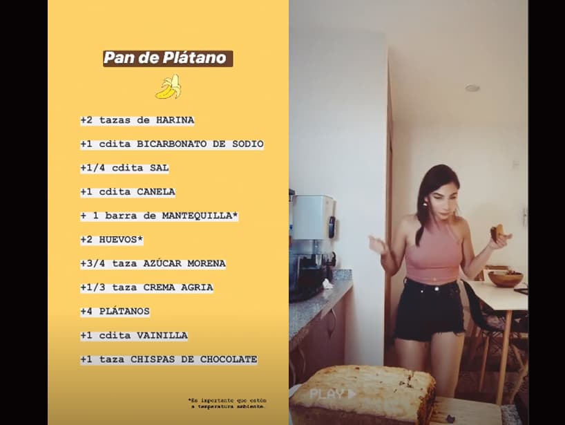 María Chacón, protagonista de la serie ‘Simón dice’, también ha publicado en sus historias algunas de sus recetas favoritas, como el pan de plátano, dando la lista de los ingredientes y mostrando cómo se prepara.
