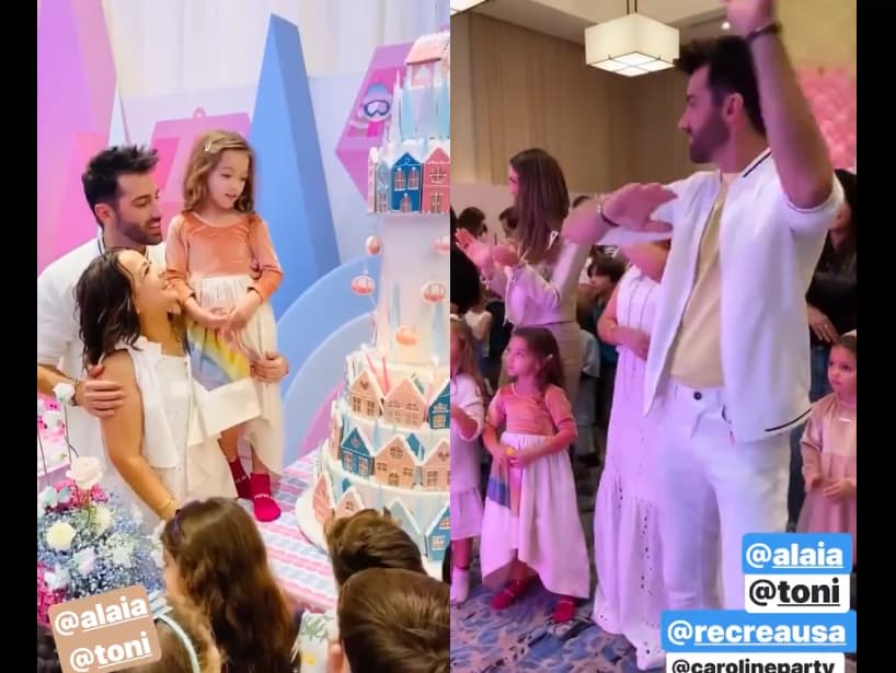 La pequeña Alaïa usó dos conjuntos para la fiesta: un vestido amarillo tipo princesa y el segundo destacó por falda blanca asimétrica, con un estampado de arcoíris.