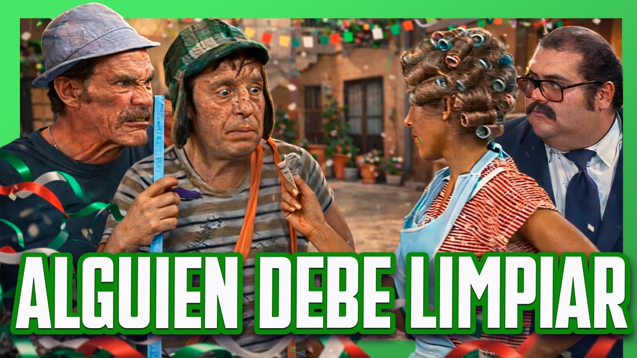 El Chavo limpia la vecindad después de la fiesta