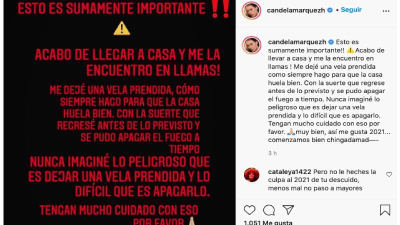 Posteo de Candela Márquez sobre el incendio en su casa