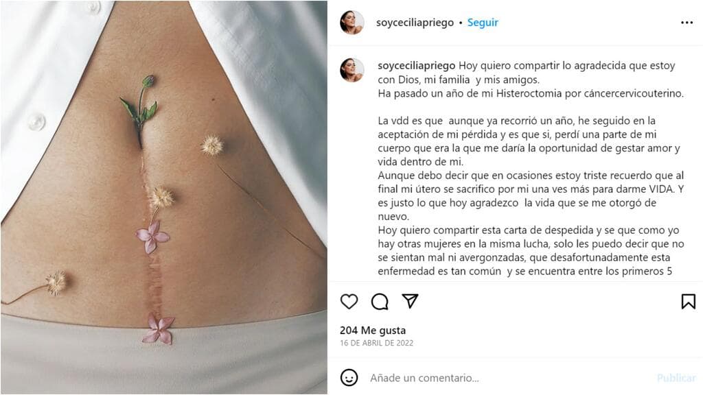 Con este mensaje fechado en abril de 2022, Cecilia Priego dio a conocer que tenía cáncer.