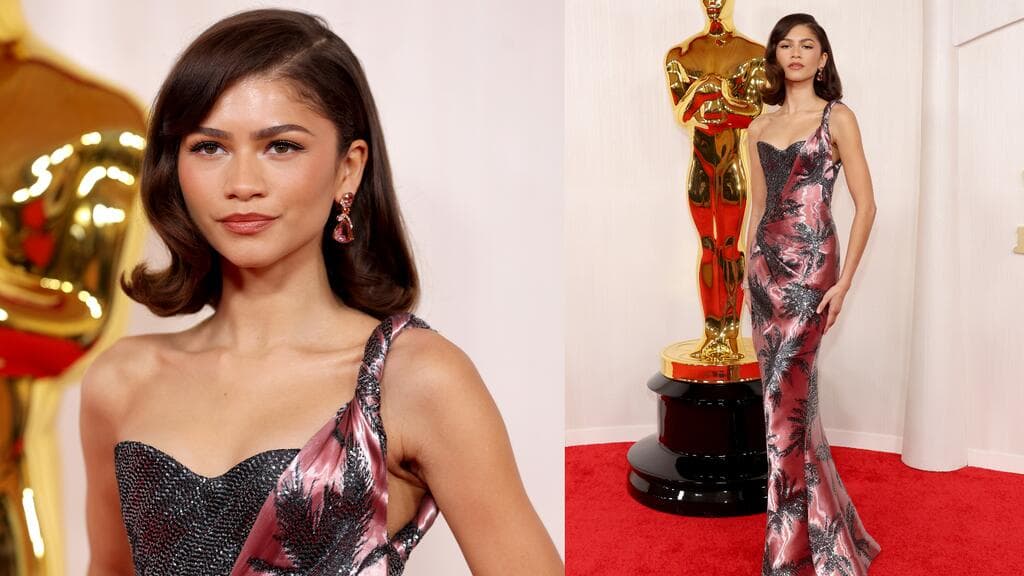 Zendaya desfiló con un vestido rosa y plateado con estampado de palmeras de Armani Pirvé y joyas de Bulgari.