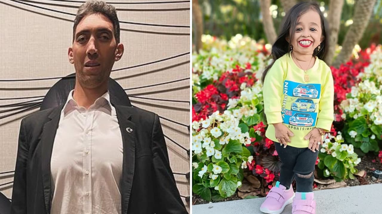 El hombre más alto y la mujer más pequeña del mundo se reúnen: ella mide casi lo mismo que el zapato de él