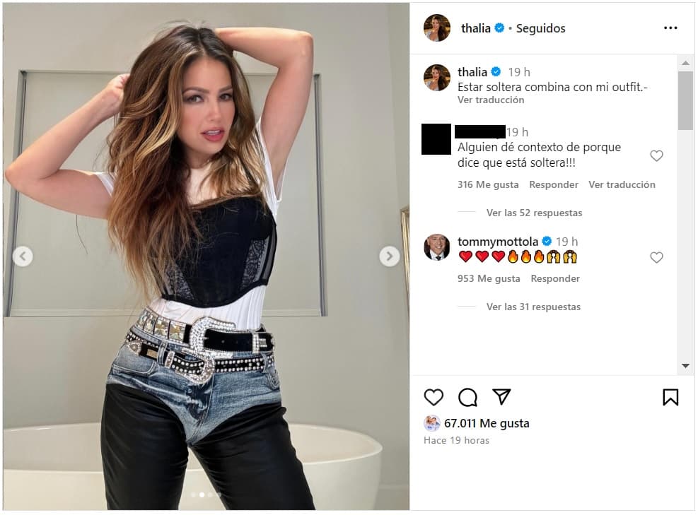 Thalía dice "estar soltera combina" con su vestuario y su esposo reacciona.