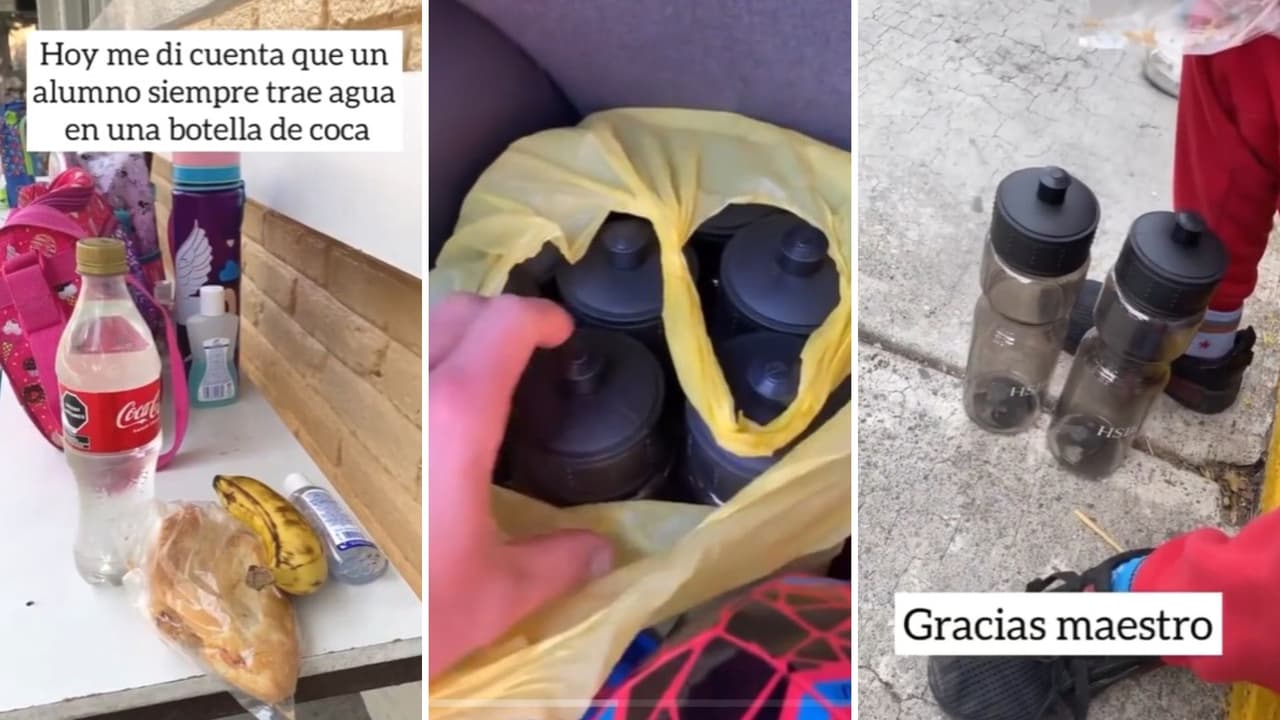 Maestro le regala botellas de agua a uno de sus alumnos