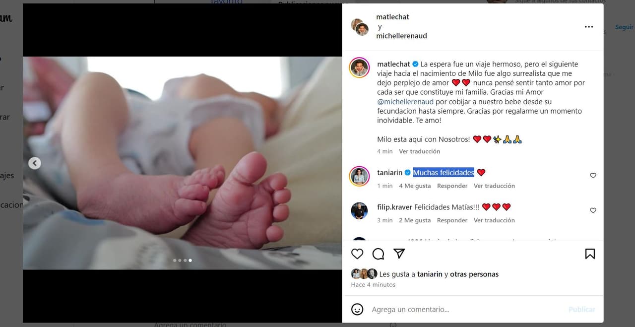 Nace bebé de Michelle Renaud y Matías Novoa.