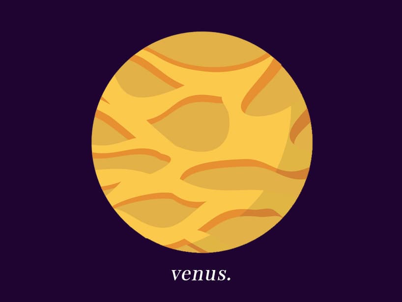 VENUS: Representa el amor y la concepción que tenemos de él. Nuestra manera de amar y cómo nos gusta ser amado, la vida sentimental y las relaciones amorosas. Asimismo, está asociado con el placer físico, el bienestar y cómo nos divertimos. Palabra clave: amor. Signos asociados: Tauro y Libra.