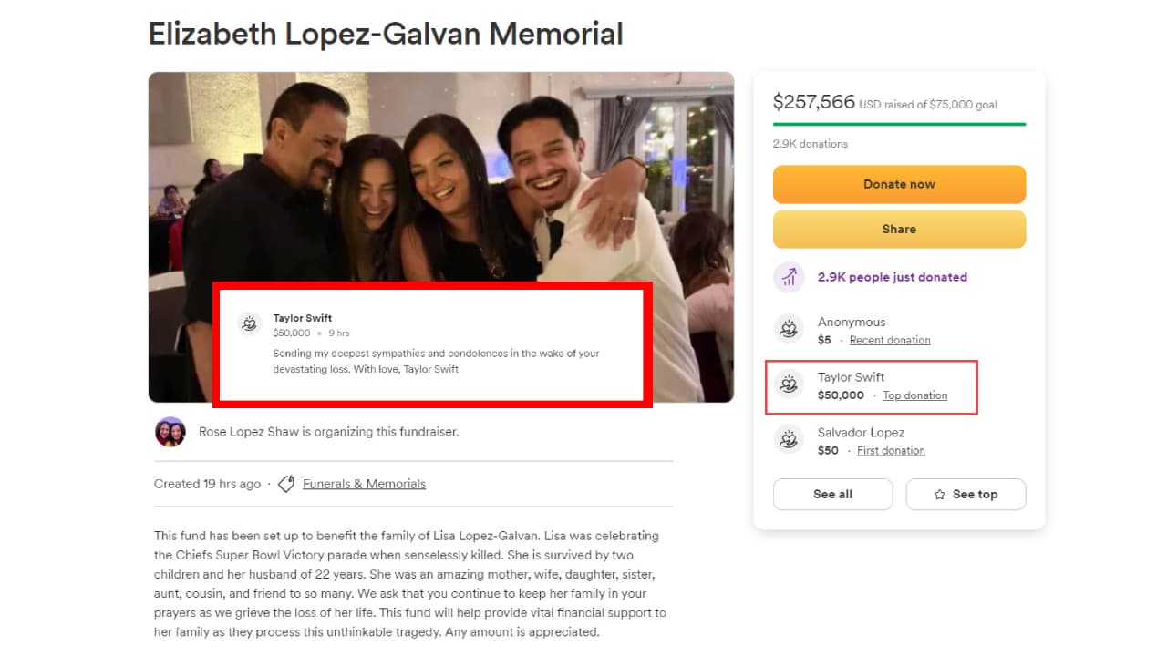 Taylor Swift dona 100 mil dólares a la familia de la mujer mexicana que murió en el tiroteo de Kansas