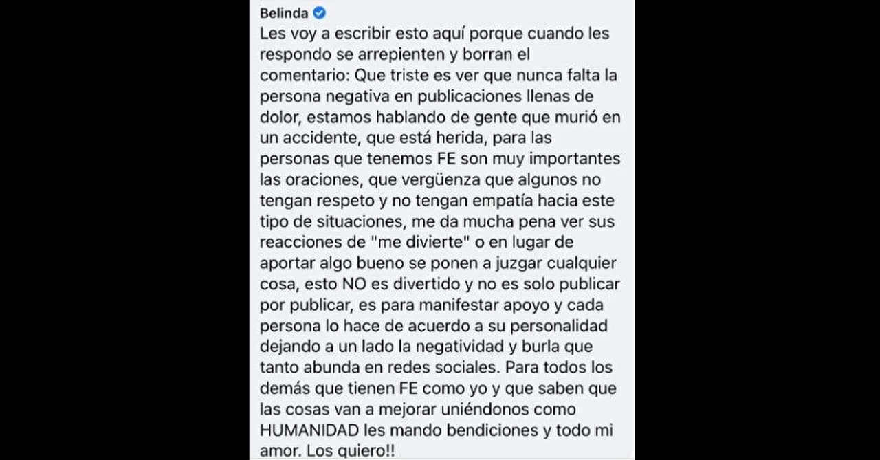 Belinda respondió a los ataque que recibió tras su reacción sobre la tragedia en el Metro de la Ciudad de Méxio.