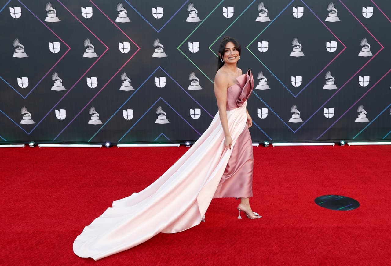 Despampante, glamourosa y de pies a cabeza de rosa, así llegó Ana Brenda a la red carpet de los premios musicales más importantes de la música en español. Su outfit, un vestido en tono rosa flamingo con detalles de pliegues en el busto que armoniza con una tela un rosa más pálida que empieza en su cintura y cae como cola, le dan a la actriz un look súper fresco y moderno para la ocasión.