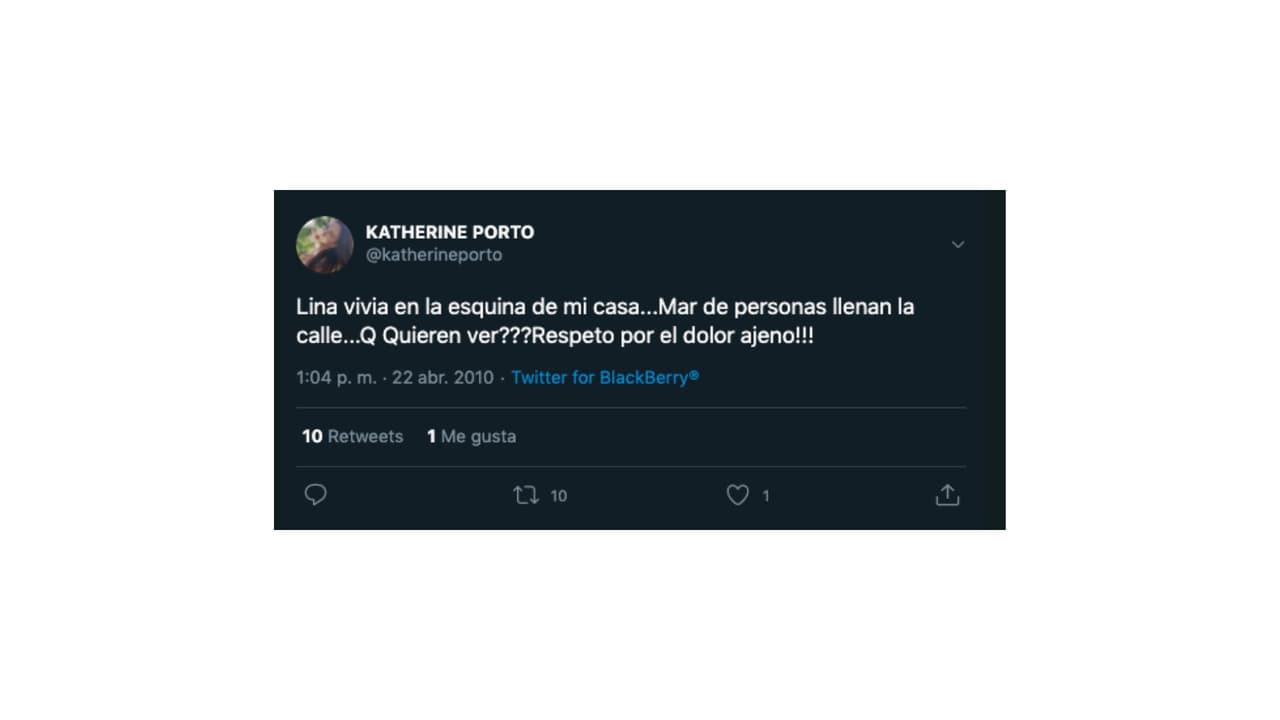 Katherine Porto reportó la muerte de Lina Marulanda en su cuenta de Twitter (ahora X).