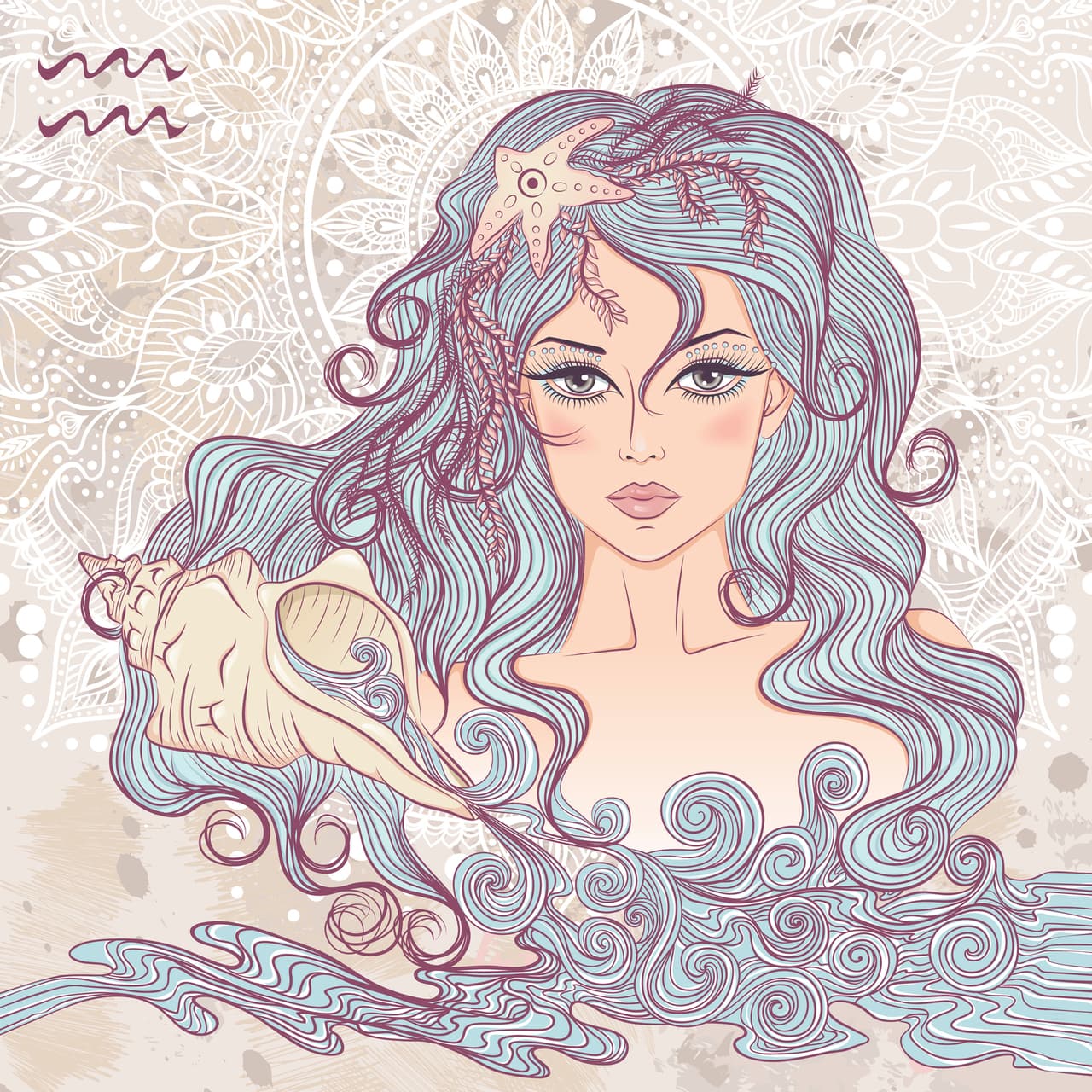 Zodiac. Vector illustration of the astrological sign of Aquarius as a portrait beautiful girl with long hair. The illustration on decorative grunge background in retro colors