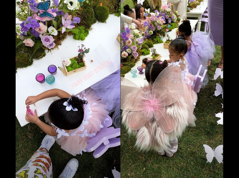 Las pequeñas sillas tenían mariposas en el respaldo, las mesas estaban decoradas con flores lilas, incluso las bebidas eran del mismo color.