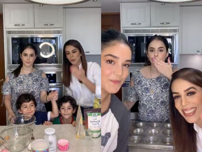 Biby Gaytán prepara muffins de plátano junto a sus hijas Ana Paula y Alejandra.