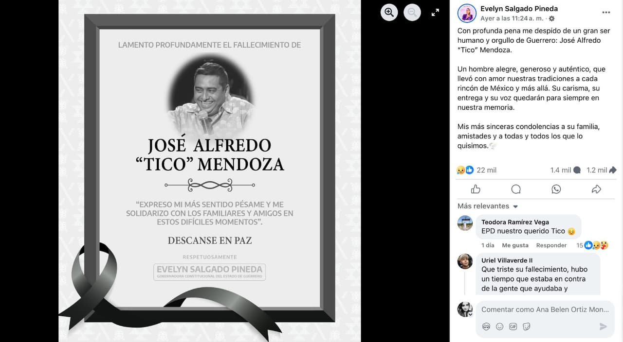 Evelyn Salgado, gobernadora de Guerrero, lamentó la muerte de "Tico" Mendoza.