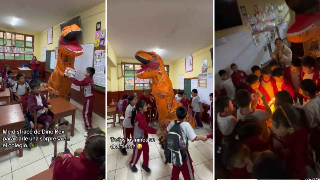 Mamá se viste de dinosaurio para fiesta de hijo