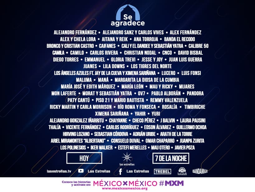 Con el fin de realizar un merecido homenaje a los héroes de esta pandemia, Televisa reunirá a grandes celebridades del mundo de la música este sábado 30 de mayo en el concierto ‘Se agradece’. A continuación te compartimos algunas de las colaboraciones musicales que podrás disfrutar a través de la transmisión por 
<b>lasestrellas.tv </b>y en las cuentas oficiales de Las Estrellas en YouTube y Facebook, así como en Telehit, Bandamax y 
<b>TREBEL.</b>