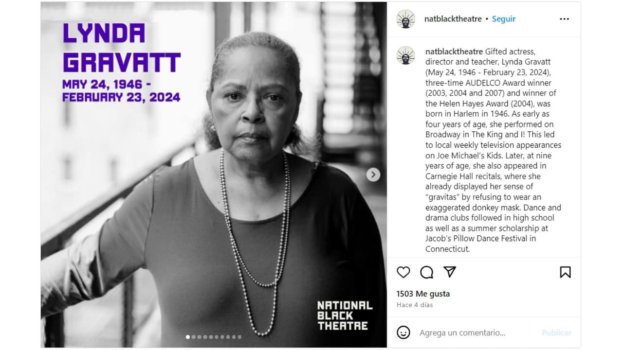 National Black Theatre difundió la noticia de la muerte de Lynda Gravátt.