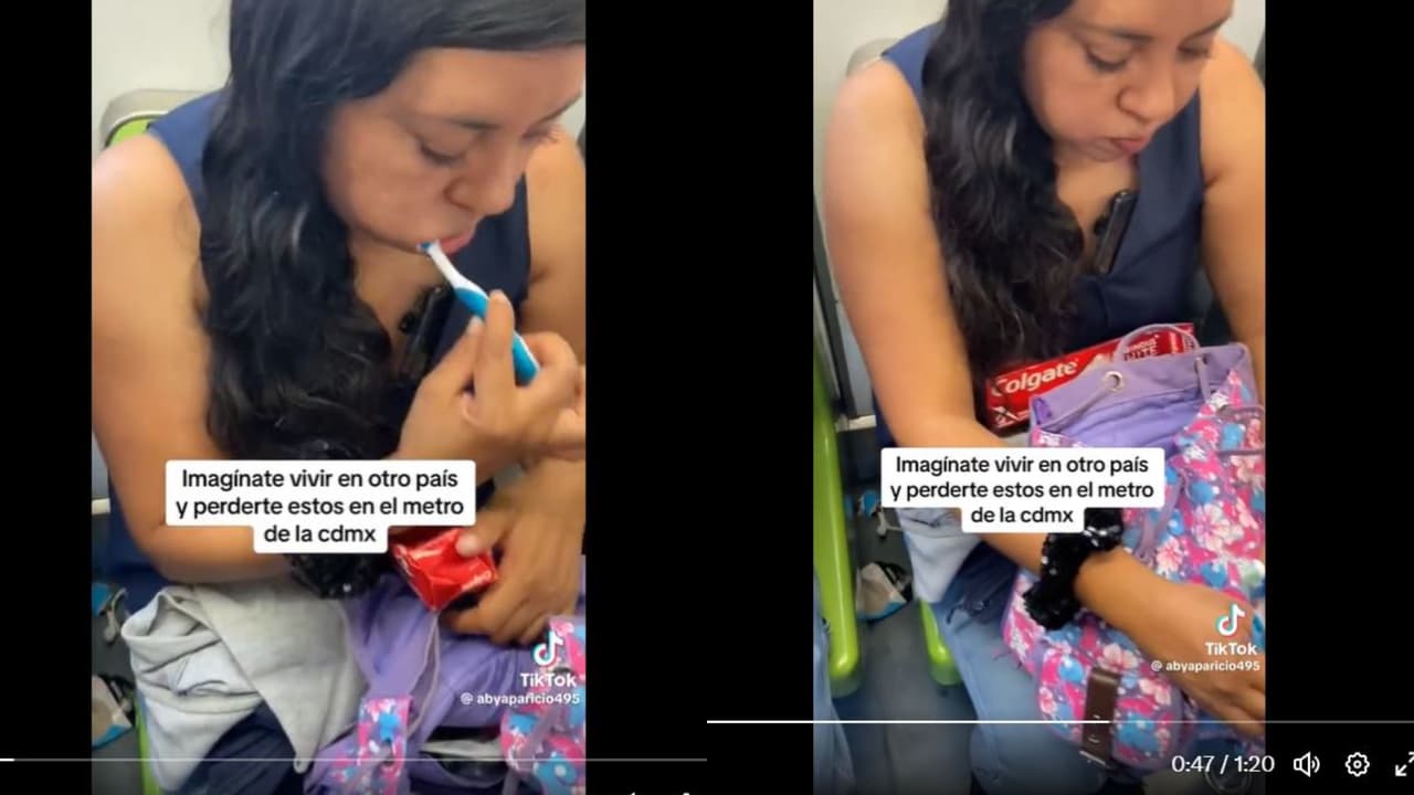 Mujer se hizo viral por lavarse los dientes en pleno vagón del metro.
