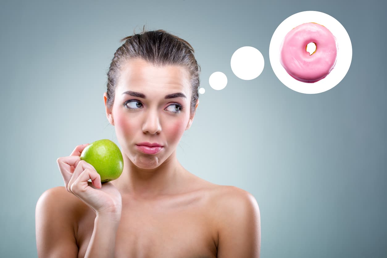 ?The Diet! Woman eating an apple , but he thinks a donut .