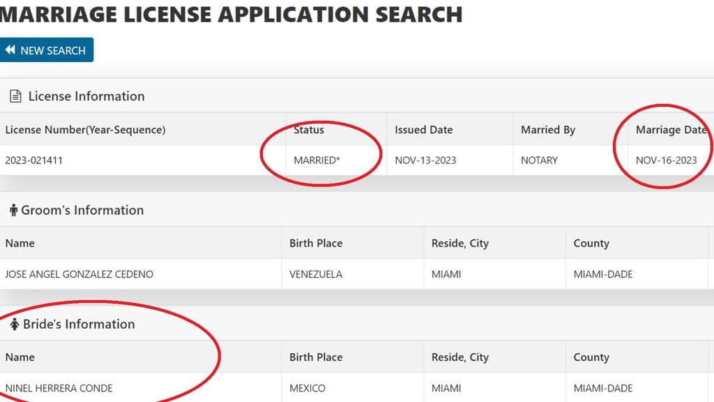 Esta es la licencia de matrimonio que aparece en la página del Secretario del Tribunal y Contralor del Condado de Miami-Dade a nombre de Ninel Conde.