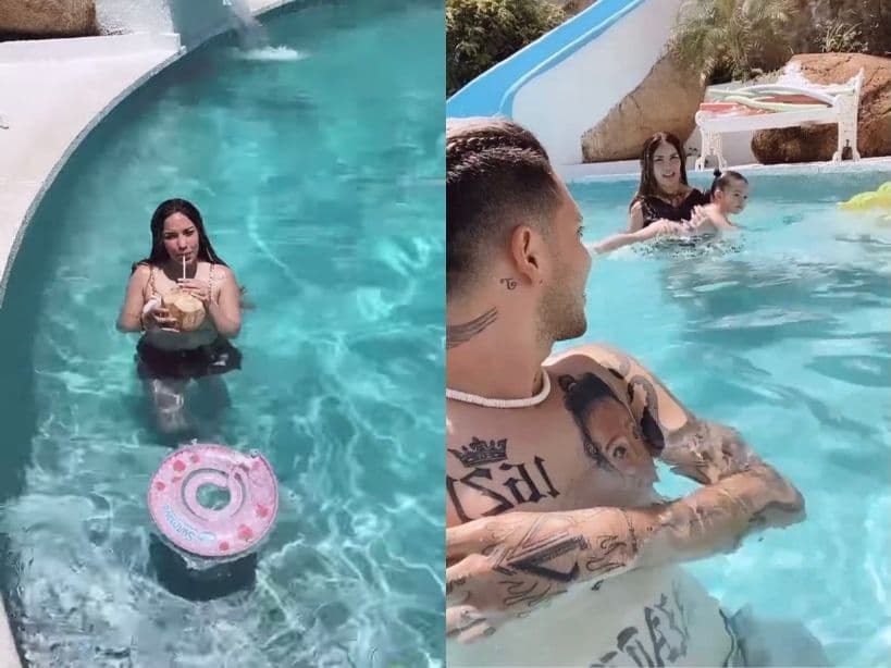 También se dejaron ver en la alberca con su hija Kima, a quien enseñaron a nadar, y hasta disfrutaron de un delicioso coco fresco.