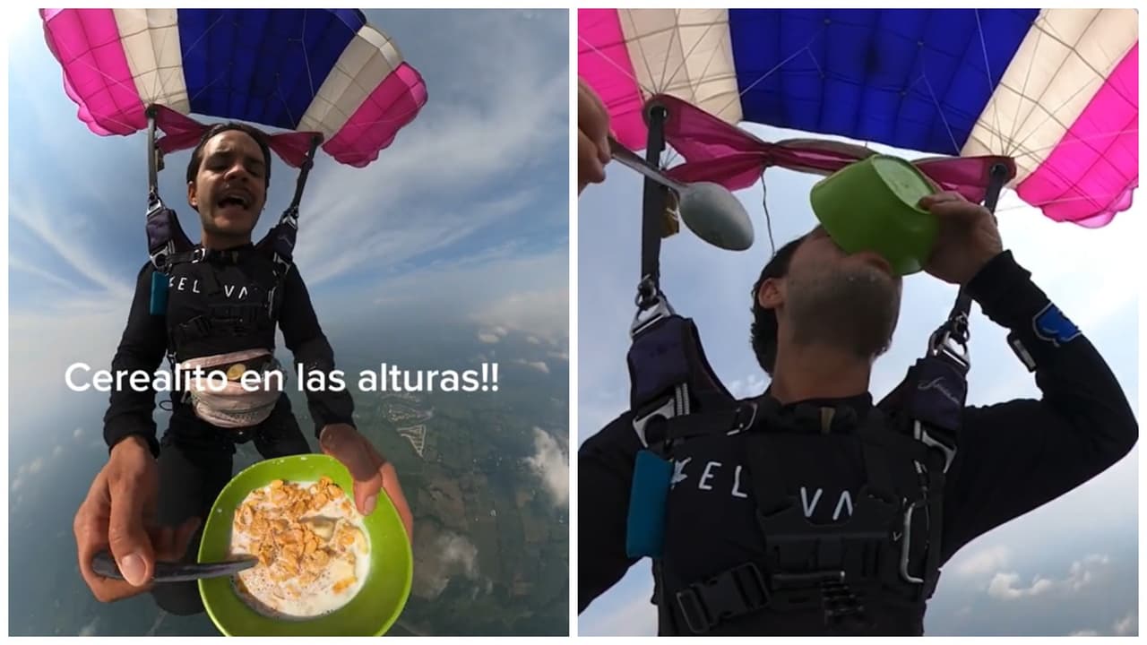 TikToker desayuna cereal con leche mientras se lanza de un paracaídas: video impacta a TikTok