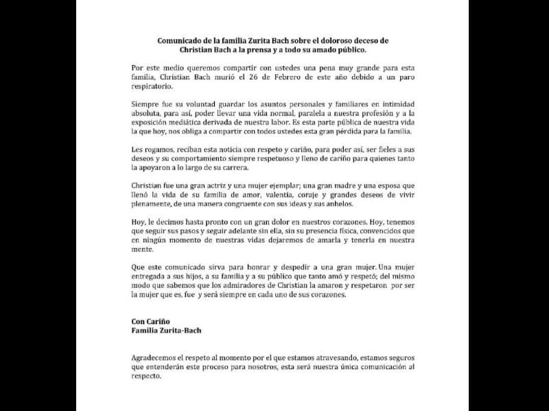 Comunicado de la muerte de Christian Bach