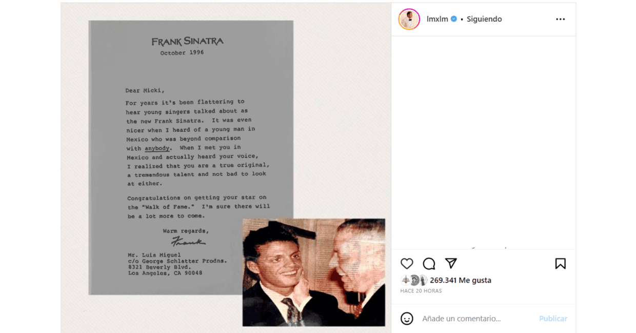 Luis Miguel compartió la carta que le mandó Frank Sinatra en 1996.