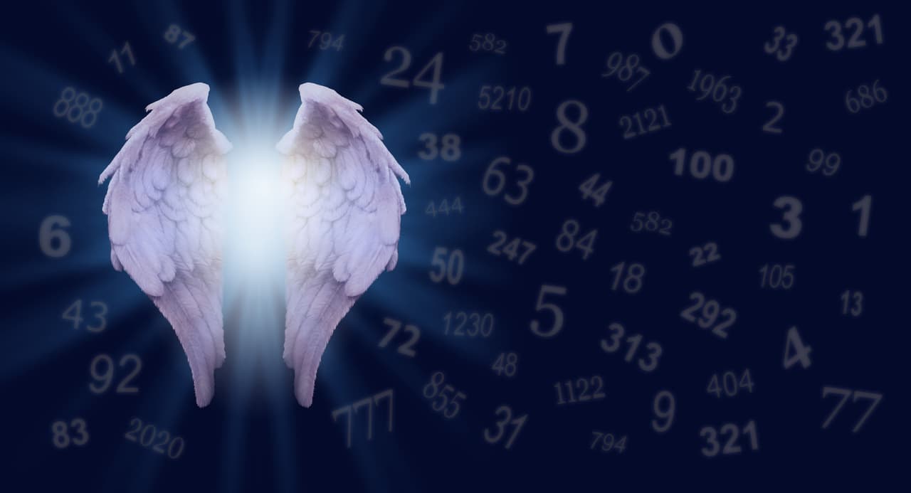 purple tinged angel wings on a dark blue background beside soft focus faded scattered random numbers from 1 to 5210 and space for copy
