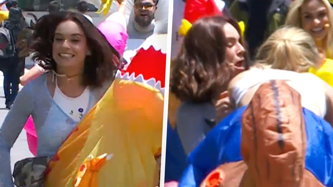 Tania Rincón y Marie Claire se disputan el triunfo por sus equipos en carrera de botargas