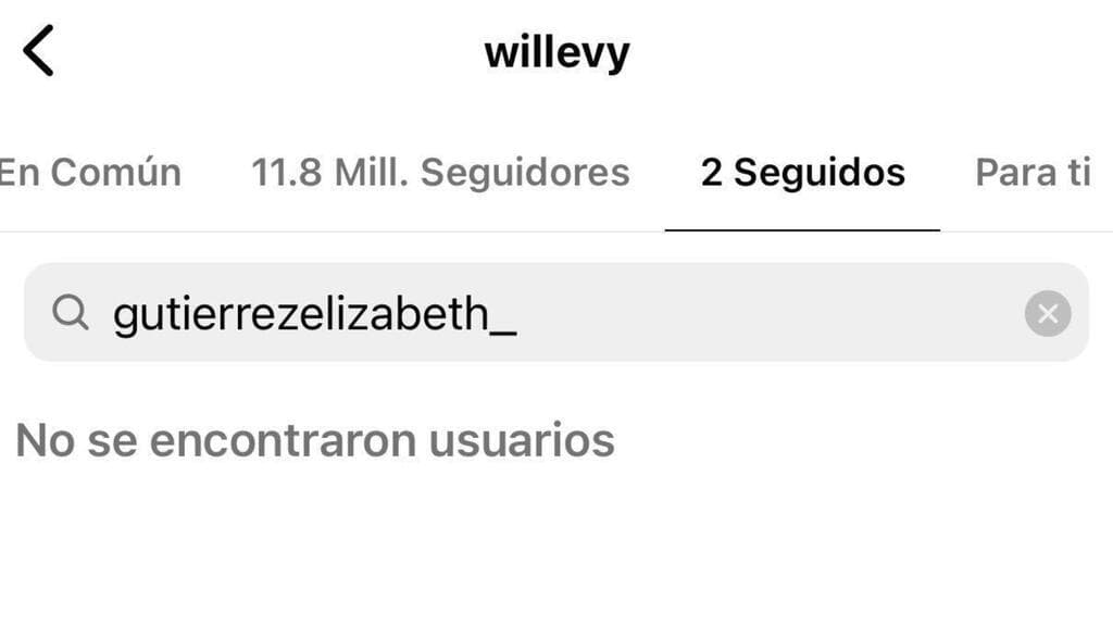 Esta captura de pantalla corresponde al 26 de noviembre de 2023. En esa fecha, William Levy no seguía a Elizabeth Gutiérrez.