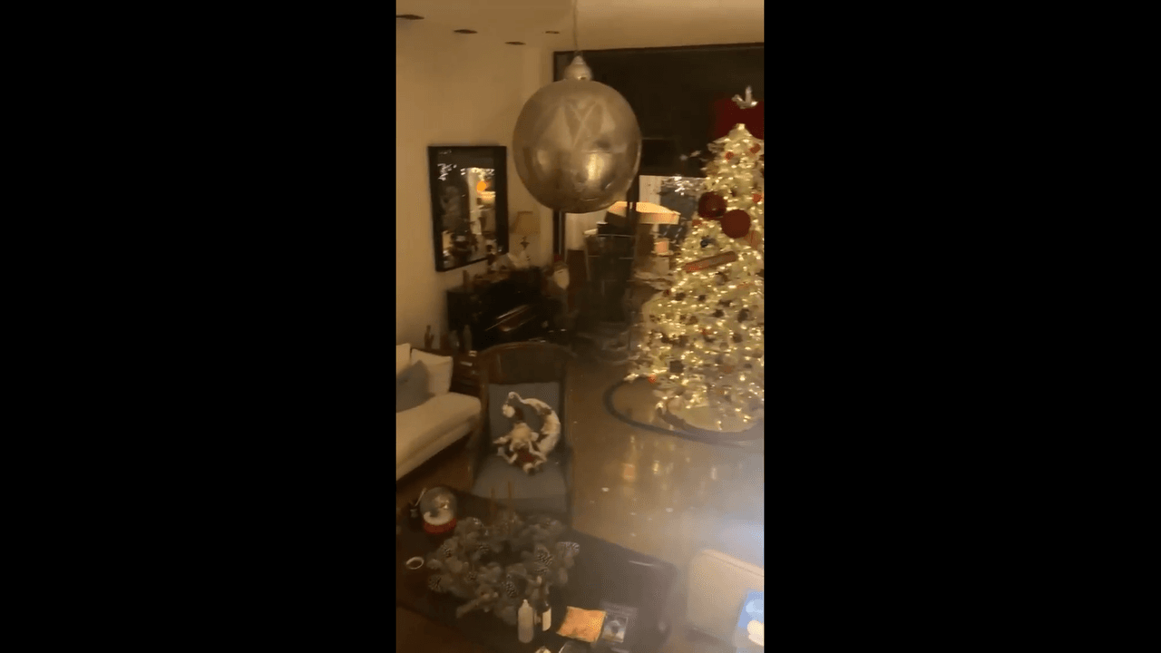 La actriz dio un pequeño tour por su elegante casa para ver qué cómo era la vista del árbol desde el segundo piso, donde se alcanza ver el tapete en tonos blancos que colocaron debajo y los cojines de forma de Santa Claus que hay en uno de los sillones.