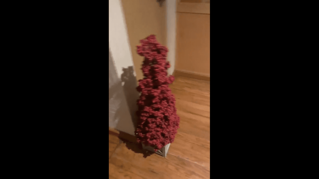 En la mesa de centro hay una bola de cristal de nieve y una corona navideña, de la que resaltan dos velas rojas; mientras que en uno de los pasillos que dan a las escaleras principales, Itatí Cantoral colocó pequeños árboles de color rojo
