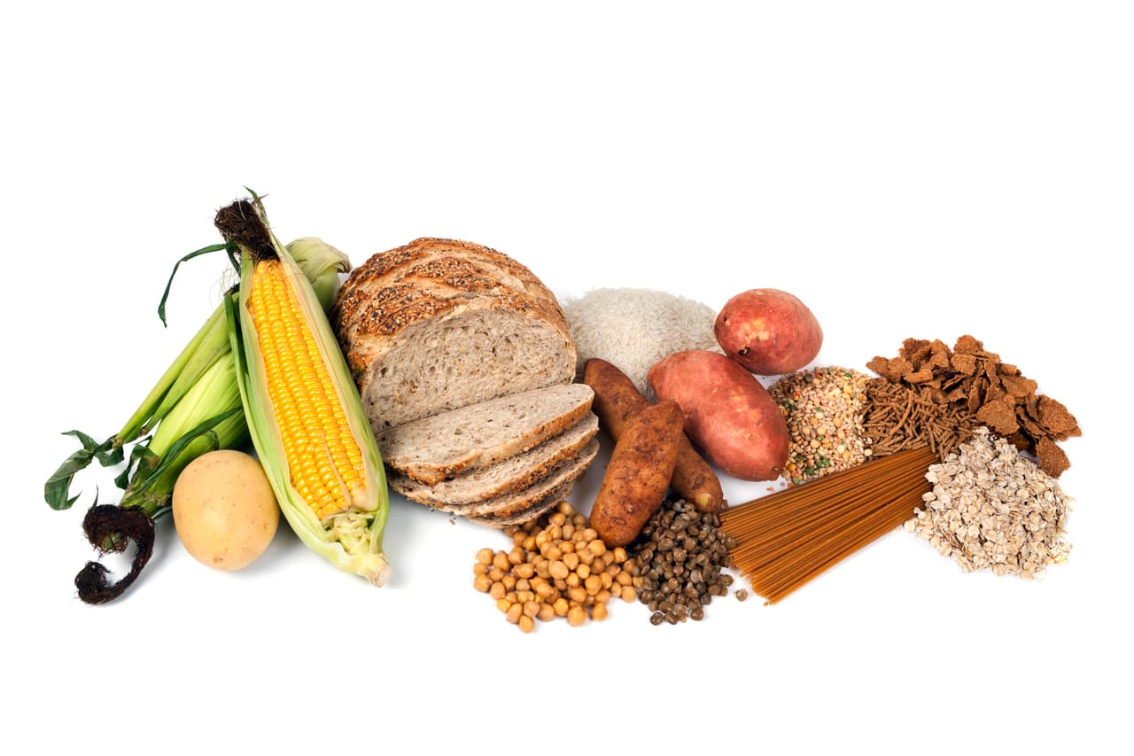 Food sources of complex carbohydrates, isolated on white background.