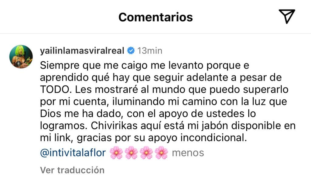Yailin La Más Viral publicó este mensaje luego de eliminar los que puso contra Tekashi. Esta publicación también fue eliminada poco después en medio de críticas por hacer promoción a un jabón que lleva su marca.