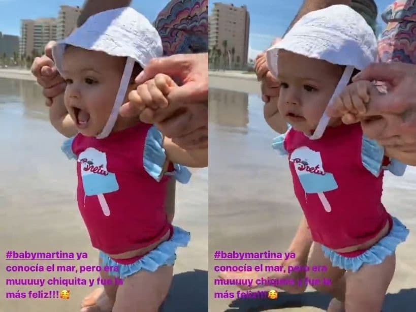 “La ultima vez que estuvo #babymartina en la playa, estaba muy chiquita y obviamente no se acuerda, me encantó la reacción cuando estuvo de frente y vio venir la ola, todo le emociona y la hace feliz”, agregó.
