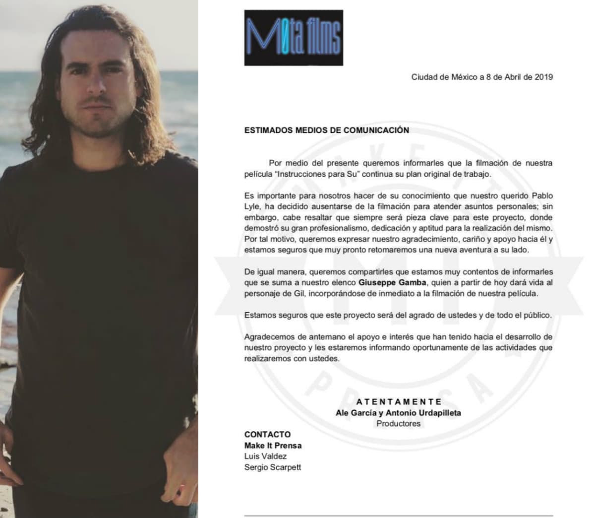 El mismo 8 de abril, la productora de la cinta 'Instrucciones para Su' anunció, a través de un comunicado, que Pablo Lyle decidió dejar la producción para atender asuntos personales, sin embargo, la producción externó en el texto su apoyo y cariño para el actor.
