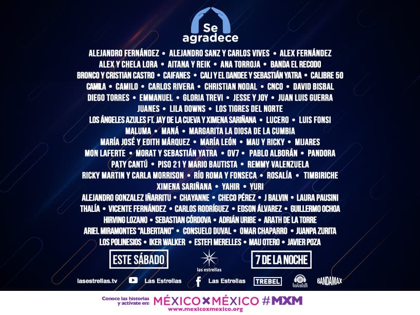 Atravesamos uno de los momentos más difíciles para los mexicanos, así que con el objetivo de homenajear a los héroes que luchan diariamente por ayudar a salvar vidas en esta pandemia, grandes exponentes de la música se reunirán el próximo 30 de mayo a las 7 de la noche en el concierto 'Se Agradece' por una sola causa: ¡levantar a México! 
<br>
<br>A continuación te presentamos los famosos que se suman a esta causa.