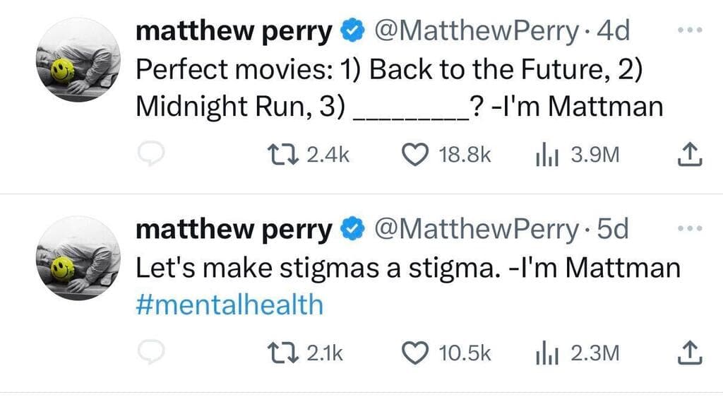 Estos son dos ejemplos de los mensajes que Matthew Perry publicó en redes sociales antes de morir y en los que se nombraba "'Mattman'".