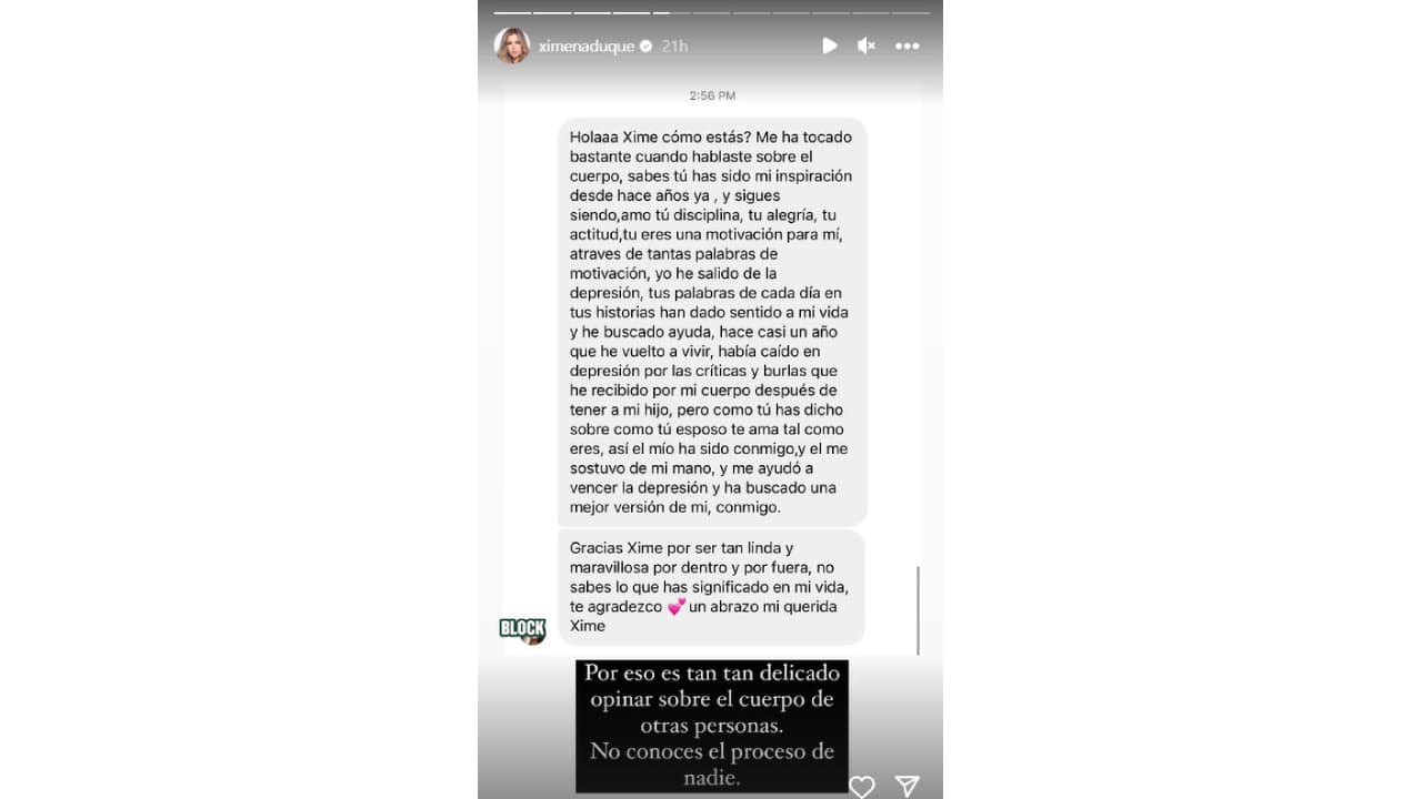 Ximena Duque pide no criticar el cuerpo de los demás.