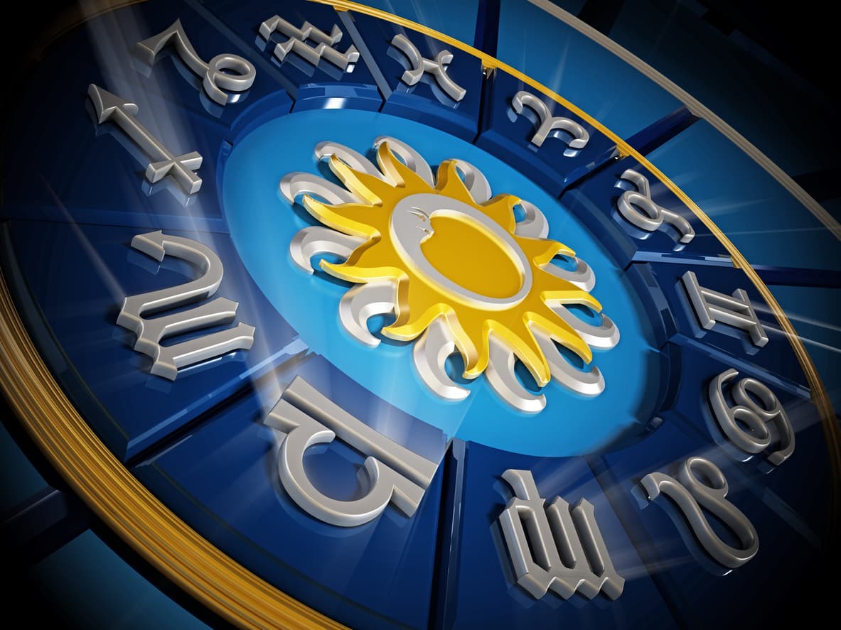 Twelve astrology signs of the Zodiac in a golden wheel on a blue textured background: Aries, Taurus, Gemini, Cancer, Leo, Virgo, Libra, Scorpio, Sagittarius, Capricorn, Aquarius, Pisces.
