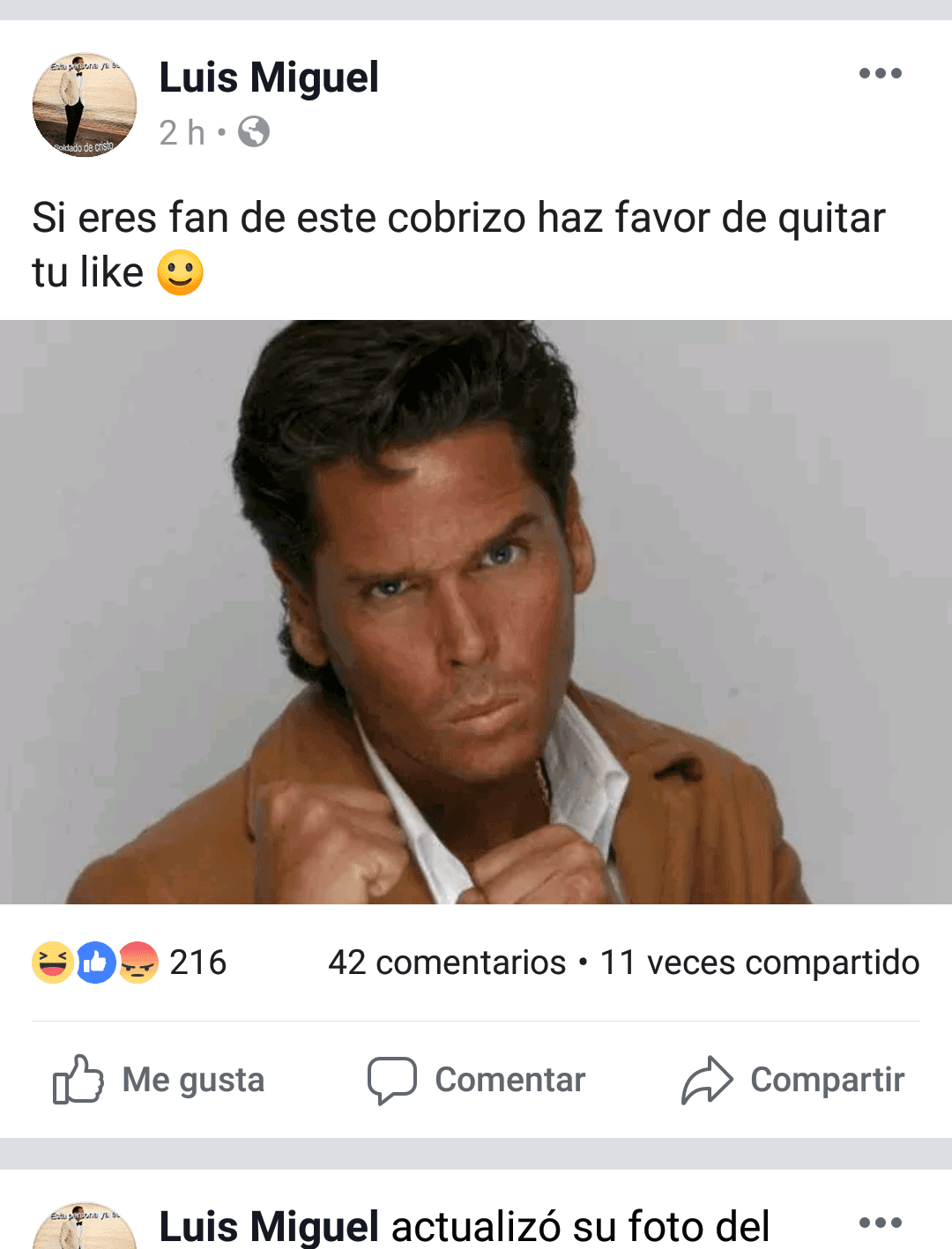 Imagen falsa en cuenta hakeada de Luis Miguel sobre Roberto Palazuelos