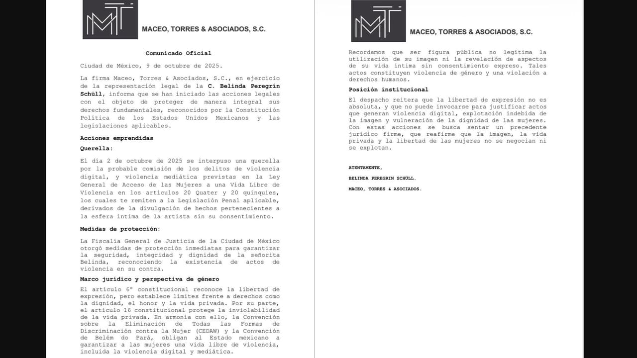 La firma de abogados Maceo, Torres & Asociados lanzó un comunicado con respecto a las acciones legales que interpuso Belinda contra Lupillo Rivera