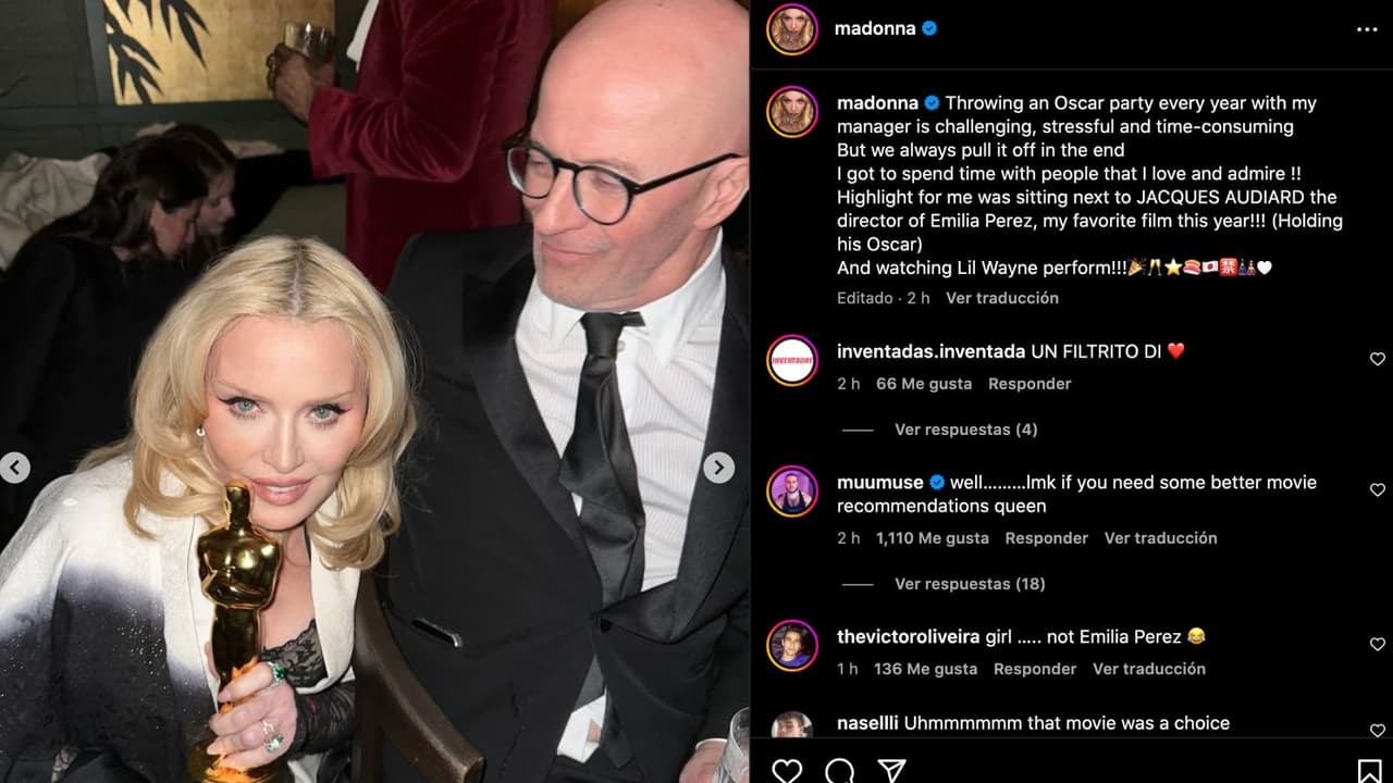 Madonna sostuvo el Oscar que ganó Jaques Audiard por su filme 'Emilia Pérez'.